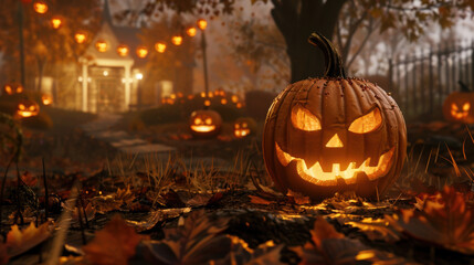 Obraz premium Haloween Spooky Jack-O'-Lantern Glowing in a Dark Forest.