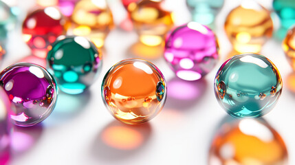 Colorful glass balls with a glossy finish create an abstract 3D illustration. The metal bubbles have a realistic look and cast shadows on a white background.
