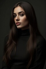 Fototapeta premium A young beautiful woman with flowing brunette hair and piercing green eyes.