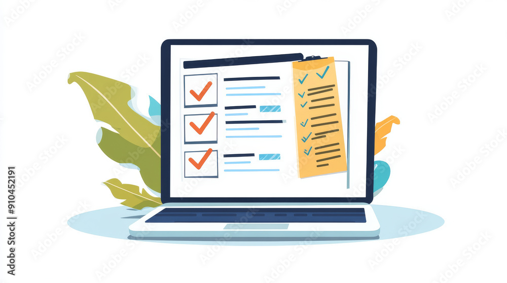 Wall mural online survey or quiz on a laptop screen. the screen displays a checklist with checkmarks, illustrat