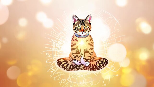 Illustration of a cat sitting in a lotus position with a bright light in the center of the chest against a background of glowing highlights.
Concept: Meditation and spirituality,