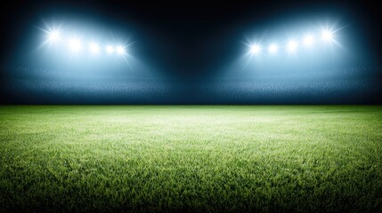 Naklejka premium A vibrant green football field illuminated by bright lights, set for an evening match at a local stadium with an enthusiastic crowd expected