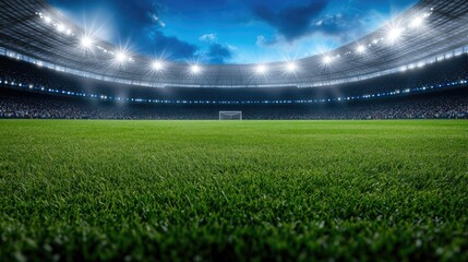 A vibrant green football field illuminated by bright lights, set for an evening match at a local stadium with an enthusiastic crowd expected
