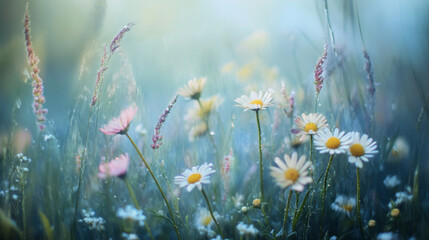 Wildflowers glisten with morning dew in the soft light of dawn. The blur around them creates a dreamy atmosphere, highlighting the delicate beauty of the flowers.