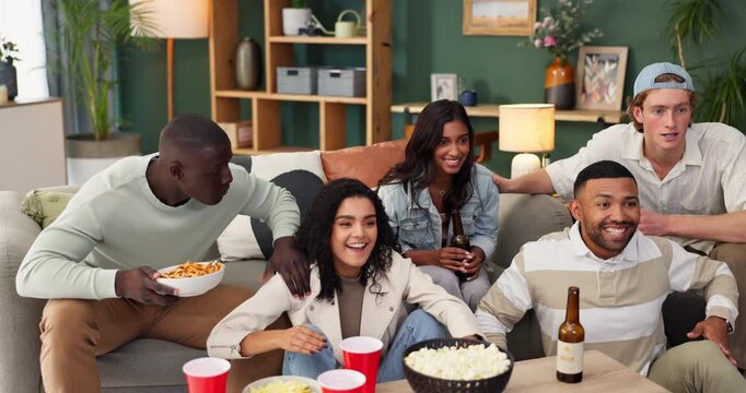 Friends, celebration and goal with cheering for victory in soccer tournament or sports game. Group, diversity and beer with people, loyal fans and world cup in watching tv as supporters in home