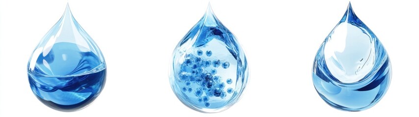 Three Blue Water Drops with Varying Internal Contents
