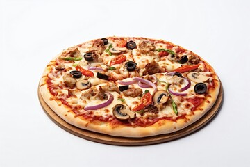 Freshly baked pizza with a crispy crust topped with melted cheese, mushrooms, meat and vegetables on a wooden plate