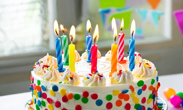 Children's birthday cake with burning candles