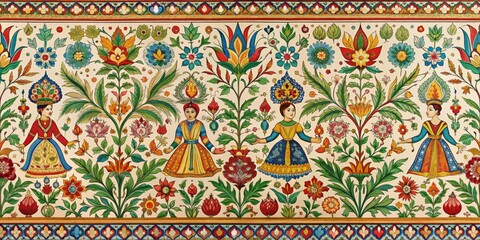 Persian Miniature Four Women Amidst Vibrant Floral Patterns, watercolor, Islamic art, Mughal art, Persian art