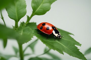Fototapeta premium leaf ladybird background white isolated green coccinellidae bird summer spring photo red macro black insect fly foliage nobody vibrant floral tiny life bright head studio grass light gardening