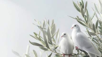 White doves perched on olive branches with copy space for text or design, International Day of Peace, doves and peace