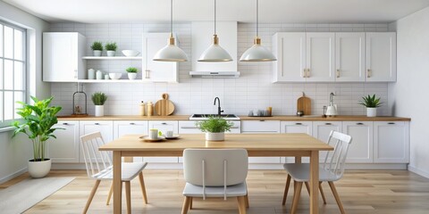 Modern Kitchen Interior with White Cabinets and Wooden Table, 3D Rendering, Interior Design, Kitchen Design, Home Decor, kitchen, interior