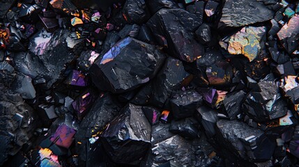 Black rocky surface with iridescent reflections.