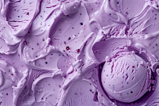 Vue rapproch&eacute;e d&rsquo;une cr&egrave;me glac&eacute;e avec une boule, au cassis avec une texture onctueuse et lisse, nuances violettes et fra&icirc;cheur de ce dessert fruit&eacute; et rafra&icirc;chissant &agrave; la couleur originale