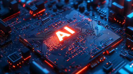 Obraz premium Detailed Close-Up of Modern High-Tech Motherboard with Circuitry and Components Featuring Glowing 