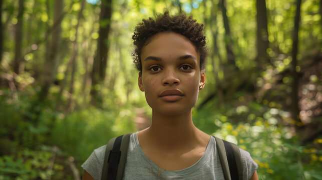 A woman with warm light brown skin, freckles, an oval face shape, clear skin, well-defined cheekbones, large expressive brown eyes, slightly arched well-groomed eyebrows.