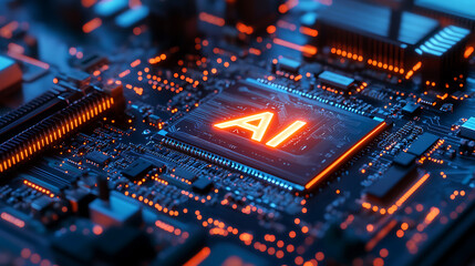 Fototapeta premium Detailed Close-Up of Modern High-Tech Motherboard with Circuitry and Components Featuring Glowing 