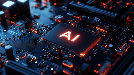 Detailed Close-Up of Modern High-Tech Motherboard with Circuitry and Components Featuring Glowing "AI" Text
