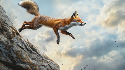 Fototapeta premium A low-angle view of a wild fox performing a daring leap off a rocky cliff, capturing both its agility and the thrill of extreme sports, vibrant colors, photorealistic detail