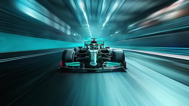 Powerful acceleration of a generic blue Formula One car on the night racing track of a sports stadium in motion blur. The concept of fast and powerful technology. 3d animation