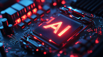 Obraz premium Detailed Close-Up of Modern High-Tech Motherboard with Circuitry and Components Featuring Glowing 