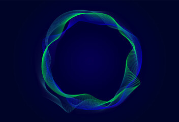 Dynamic sound wave circle expressing vibrant wave patterns in a dark background with neon hues and fluid motion. Abstract colorful line art design element in vibrant green and blue colors.