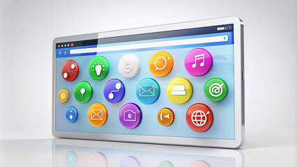 Modern sleek browser interface with colorful circular icons representing various online services and tools, set against a clean and minimalist white background.