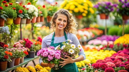 This beautiful illustration depicts a happy florist surrounded by vibrant flowers, making it an
ideal abstract background and potential best-seller, high resolution.