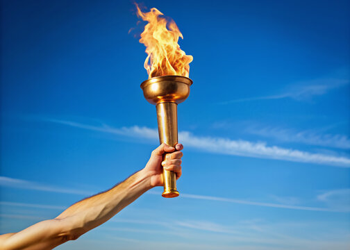 A close-up of an athlete's hand holding the olympic torch stands solemnly against the blue sky. space for copying.