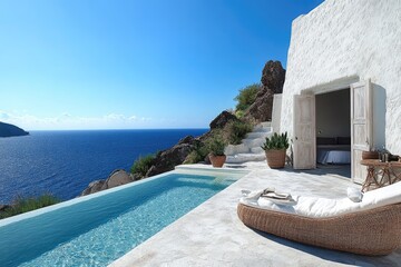 Fototapeta premium Luxurious infinity pool overlooking tranquil ocean at a cliffside villa