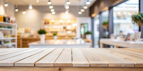 Empty Wooden Tabletop with Blurred Cafe Background, wood, table, cafe, background