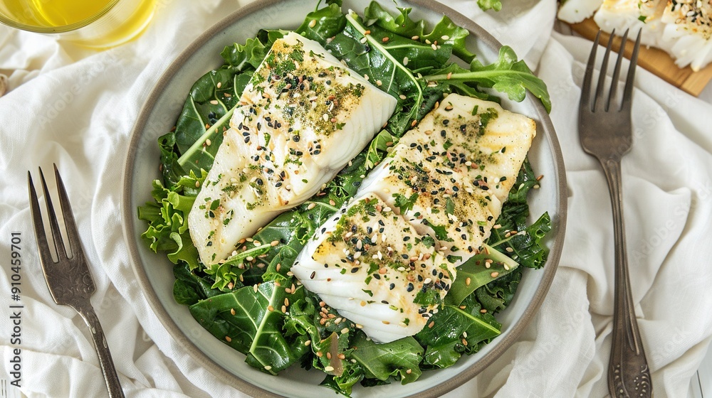 Poster   A close-up of a plate of fish on top of green leaves, with a fork and an orange juice glass nearby