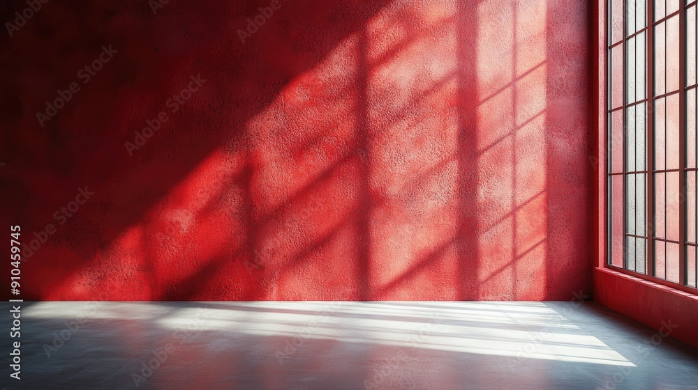 Poster sunlight casting geometric shadows on a red wall in an empty room