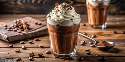 Creamy Coffee Iced Latte in a Glass, Coffee Beans, Whipped Cream, Brown Sugar, Iced Coffee, coffee...