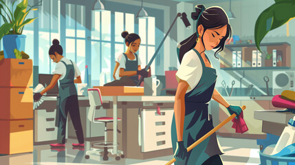 Cleaning ladies collaborating in a contemporary office, utilizing mops and buckets to uphold cleanliness and organization. Their cooperation guarantees a pristine work environment