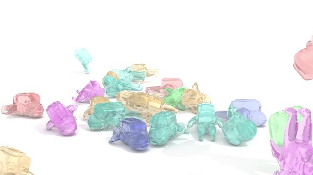 Colored jelly sweets in the form of astronauts falling on a white bg 4k
