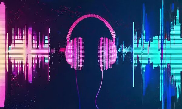 Neon Headphones with Vibrant Audio Waveforms on Dark Background