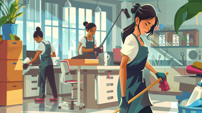 Cleaning ladies collaborating in a contemporary office, utilizing mops and buckets to uphold cleanliness and organization. Their cooperation guarantees a pristine work environment