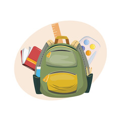 Green school bag with various supplies like a book, ruler, paint palette, and pencils. Perfect for educational projects, student resources, and academic visuals