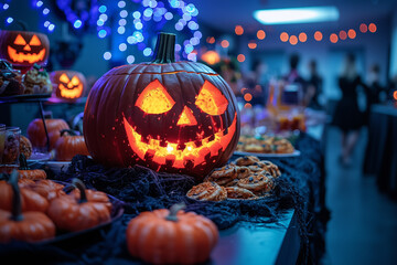 Fototapeta premium People enjoying a Halloween party, dressed in costumes and surrounded by festive decorations, capturing the fun and lively atmosphere of Halloween celebrations.