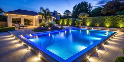 Backyard Oasis with Illuminated Pool and Patio at Dusk, pool , night , landscaping , outdoor