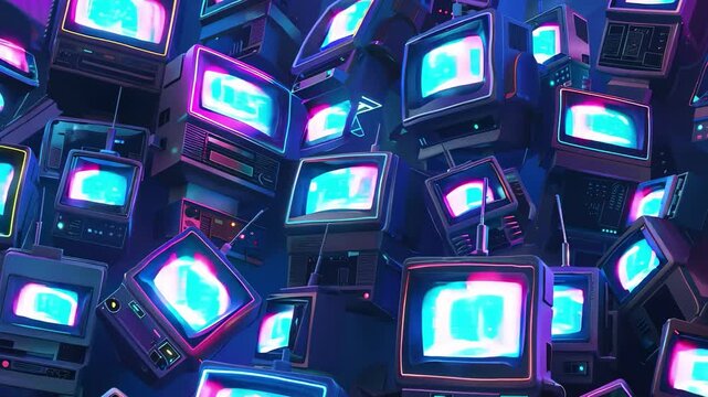 Retro CRT Monitors Piled Up With Neon Glitch Effects in a Dark Room