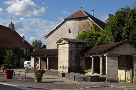 Exterior view of the historic wash house in Boult near Besancon. Boult is a commune in the Haute-Sa&ocirc;ne department in the region of Bourgogne-Franche-Comt&eacute; in eastern France. Copy space above left.