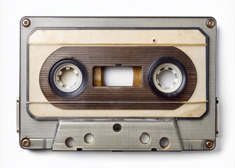 Fototapeta premium Retro audio cassette tape with twisted magnetic film and worn label isolated on a pure white background, evoking nostalgia for 80's music era.