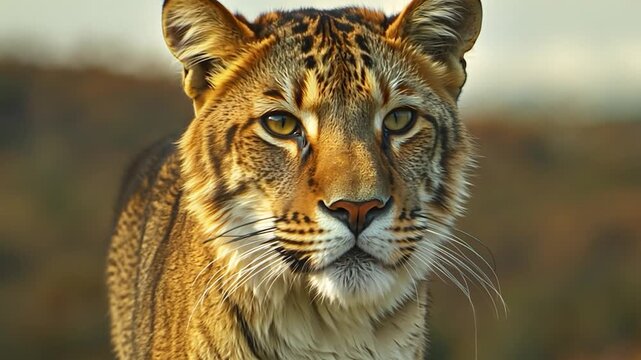 A liger stands calmly, showcasing its magnificent coat and powerful presence in the soft lighting of the late afternoon