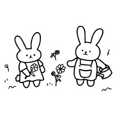 Adorable Rabbits in Garden with Flowers Line Art Vector | Cute Minimalist Design