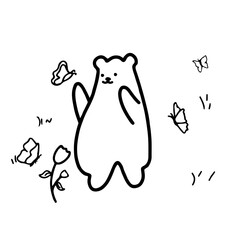 Adorable Bear in Garden with Butterfly Line Art Vector | Cute Minimalist Design