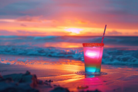 A neon cocktail stands on the sand on the beach, with the ocean and sunset in the background