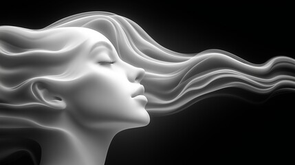 A stylized white face with flowing hair, set against a black background, creating a smooth and serene appearance