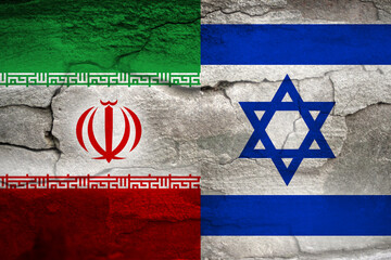 Iran Israel war. Flags of Israel and Iran displayed on a cracked concrete wall texture, creating a grunge background. This imagery symbolizes the concept of military conflict between the two nations